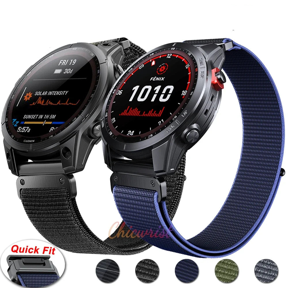 Garmin QuickFit Adjustable Nylon Loop Band nylon bands shown on watches with color swatches
