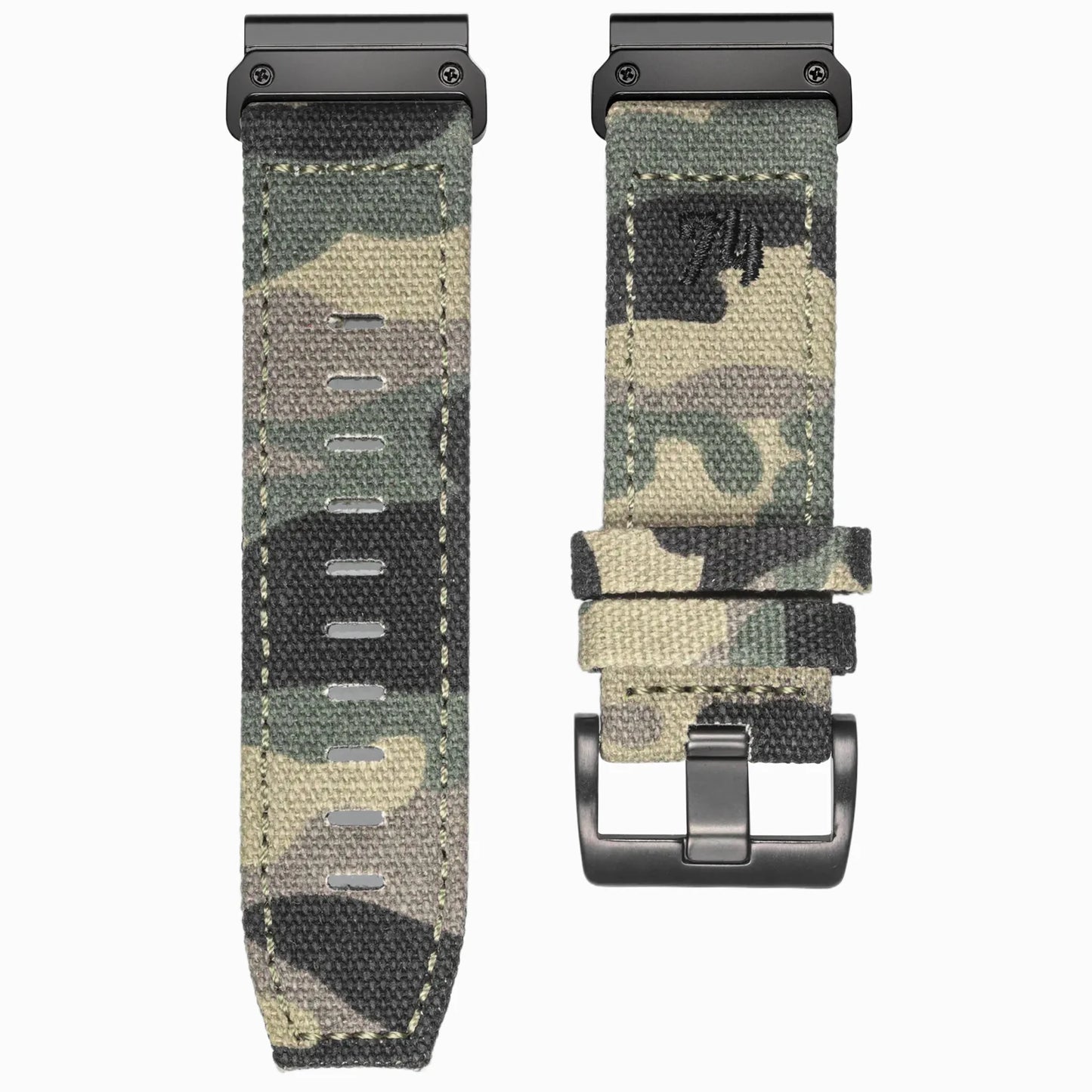 Garmin rugged nylon sport band in camouflage design, suitable replacement strap for Garmin smartwatches, featuring secure G-hook closure.