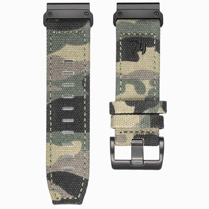 Garmin rugged nylon sport band in camouflage design, suitable replacement strap for Garmin smartwatches, featuring secure G-hook closure.
