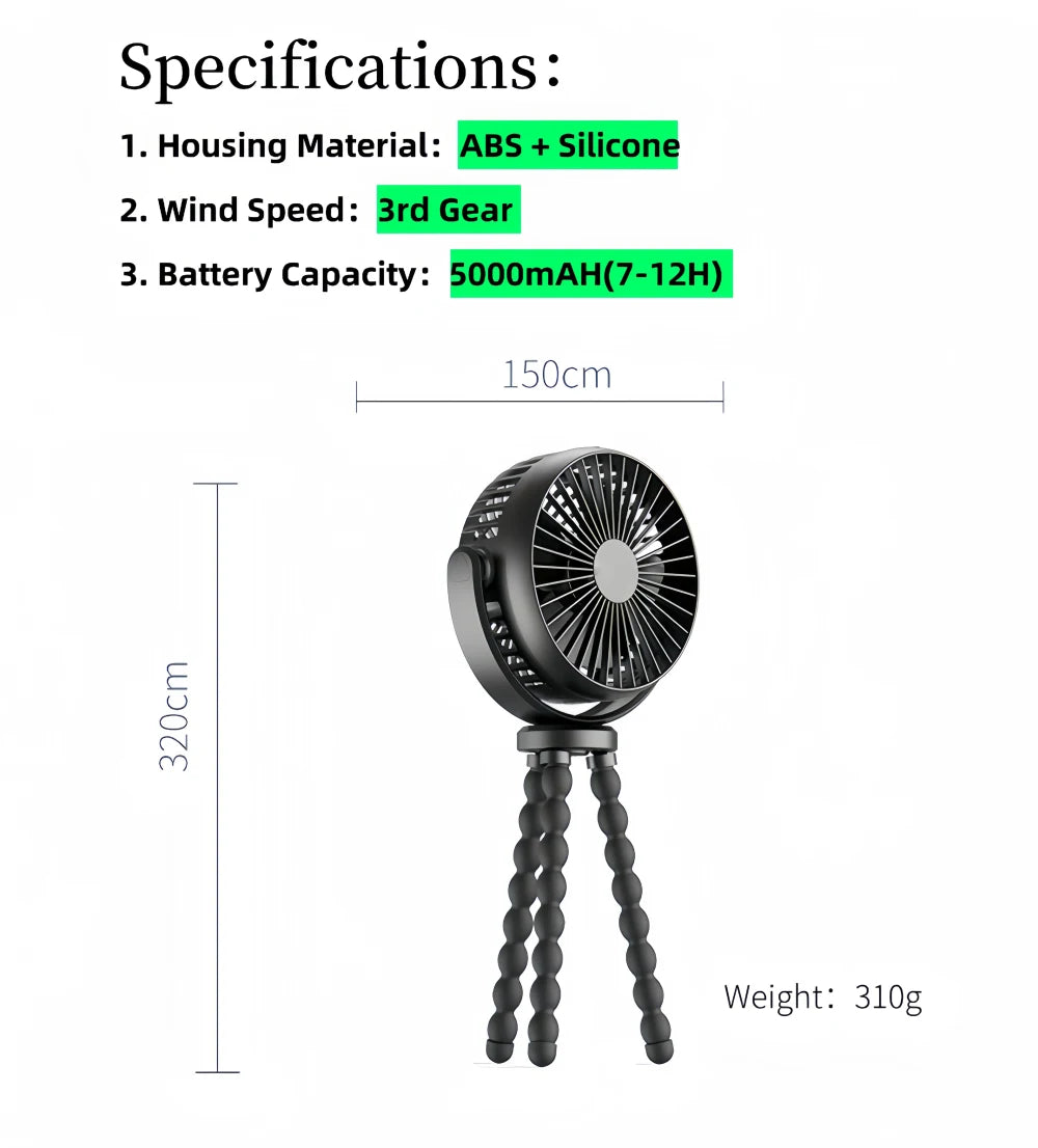 Flexible Tripod Golf Cart Fan, 5000mAh Rechargeable, Wraps Around Bars