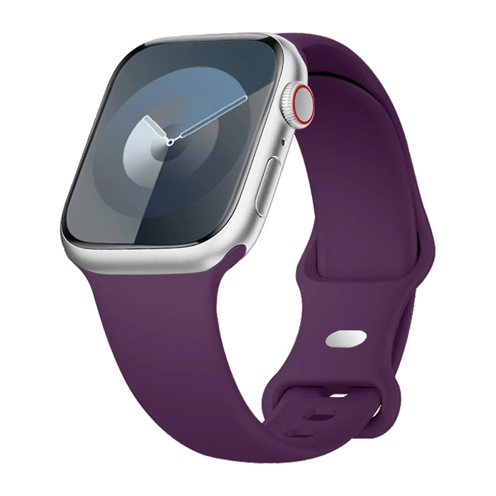 Apple Watch with a purple silicone strap, featuring a sleek design and comfortable fit for active lifestyles.