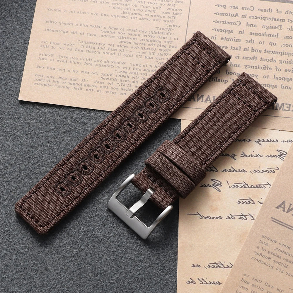 Stitched Canvas Nylon Band in Brown with Silver Buckle