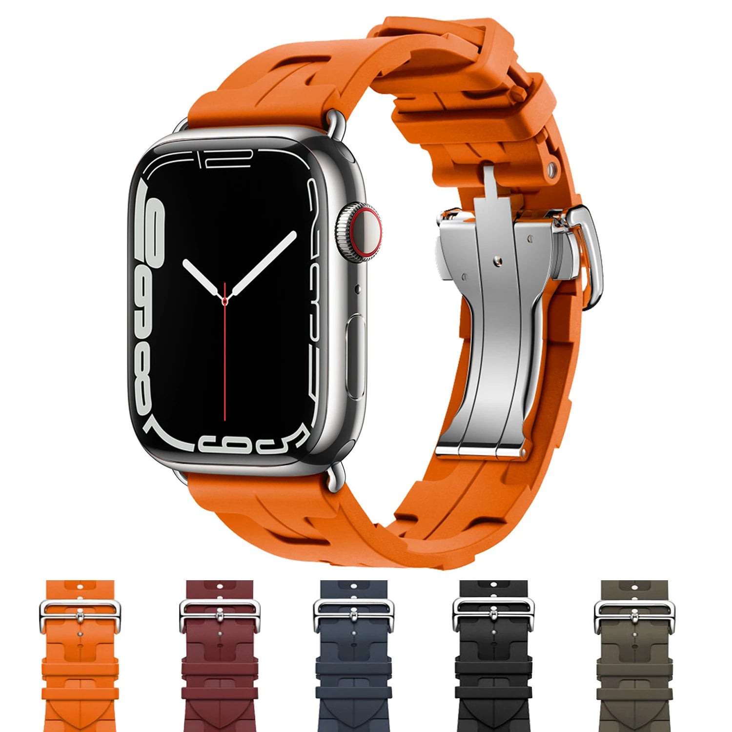 Apple Watch with orange silicone band, showcasing various colors of waterproof straps for comfortable wear.