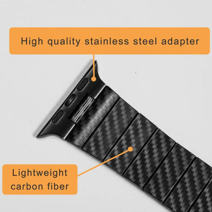 Apple Watch carbon fiber strap with lightweight material and high-quality stainless steel adapter for durability.