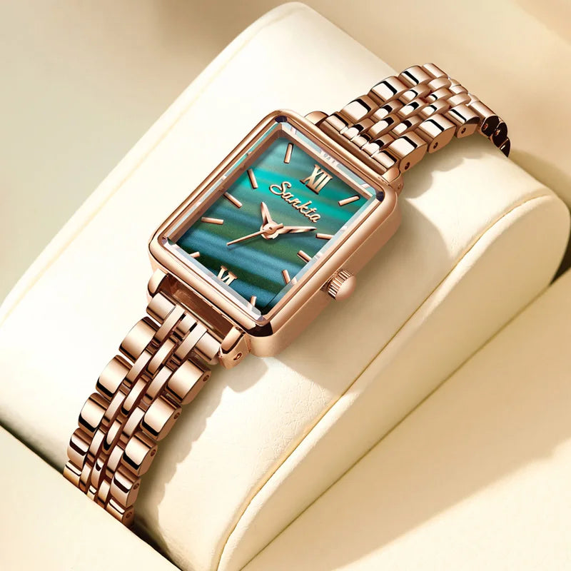 Women's Rectangular Pearl-Effect Dial Watch — Rose Gold Tone / Green Dial — BandsCo Straps