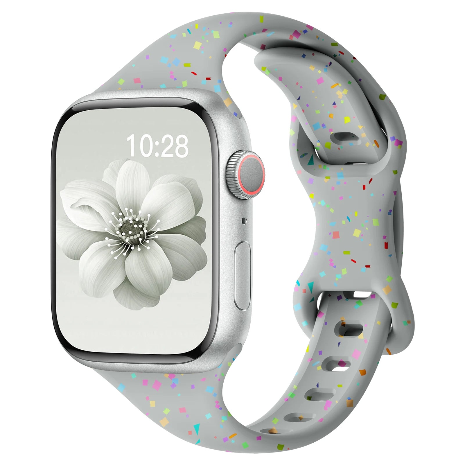 Colorful Apple Watch Silicone Band with a speckled design, featuring a soft and flexible fit for all-day comfort.