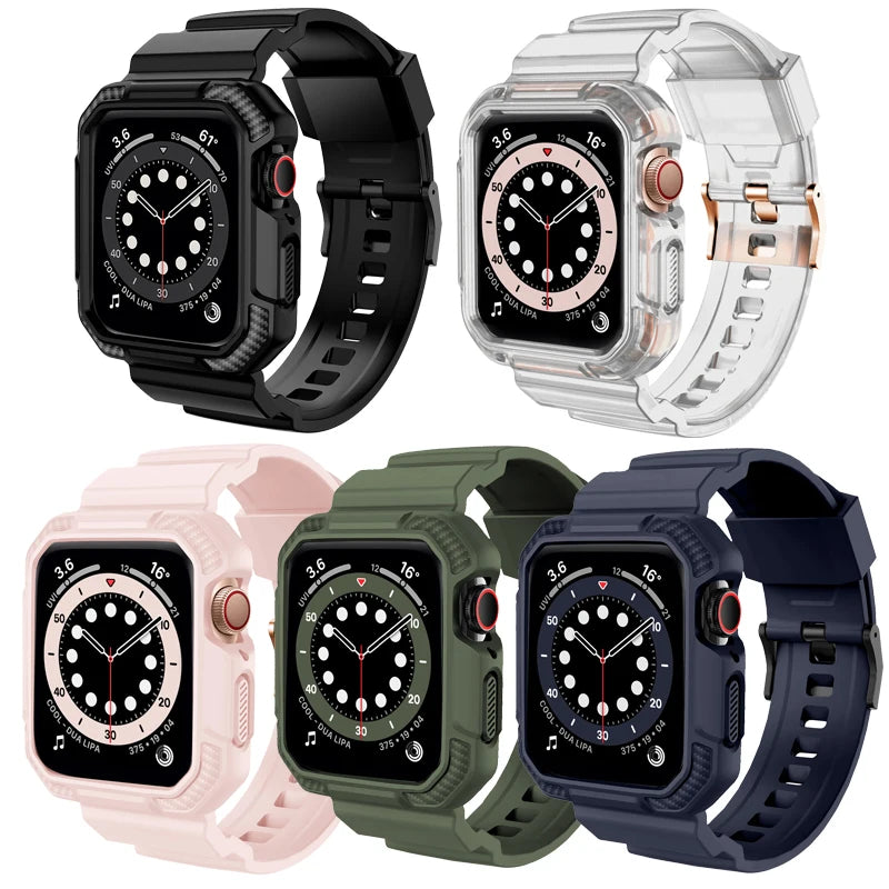 Apple Watch TPU straps in black, clear, pink, green, and navy; rugged, waterproof, and durable design for all activities.