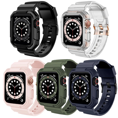 Apple Watch TPU straps in black, clear, pink, green, and navy; rugged, waterproof, and durable design for all activities.
