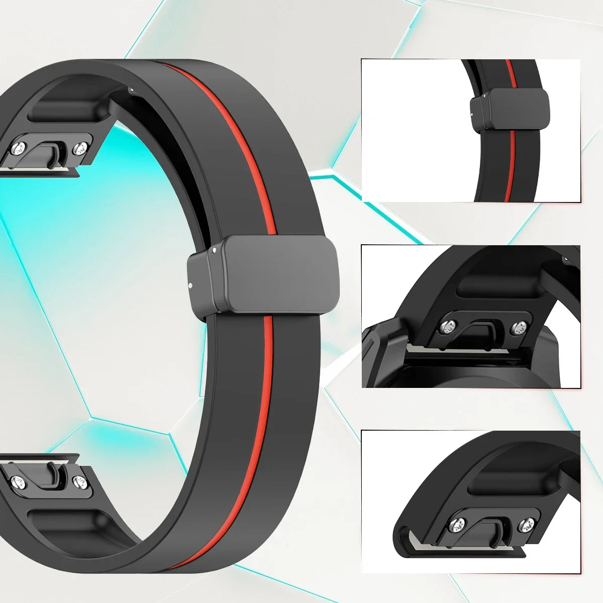 Garmin smartwatch silicone strap with red accent, showcasing durable and flexible design, ideal for everyday wear.