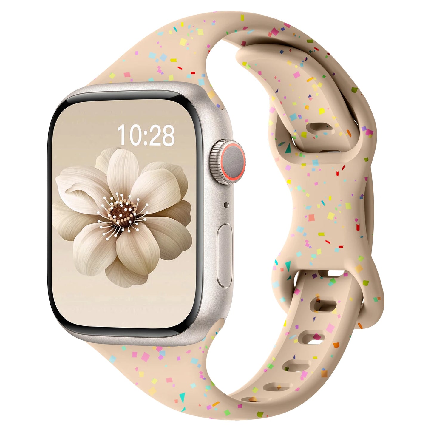 Apple Watch with a soft silicone band featuring a colorful speckled design, perfect for all-day comfort and style.