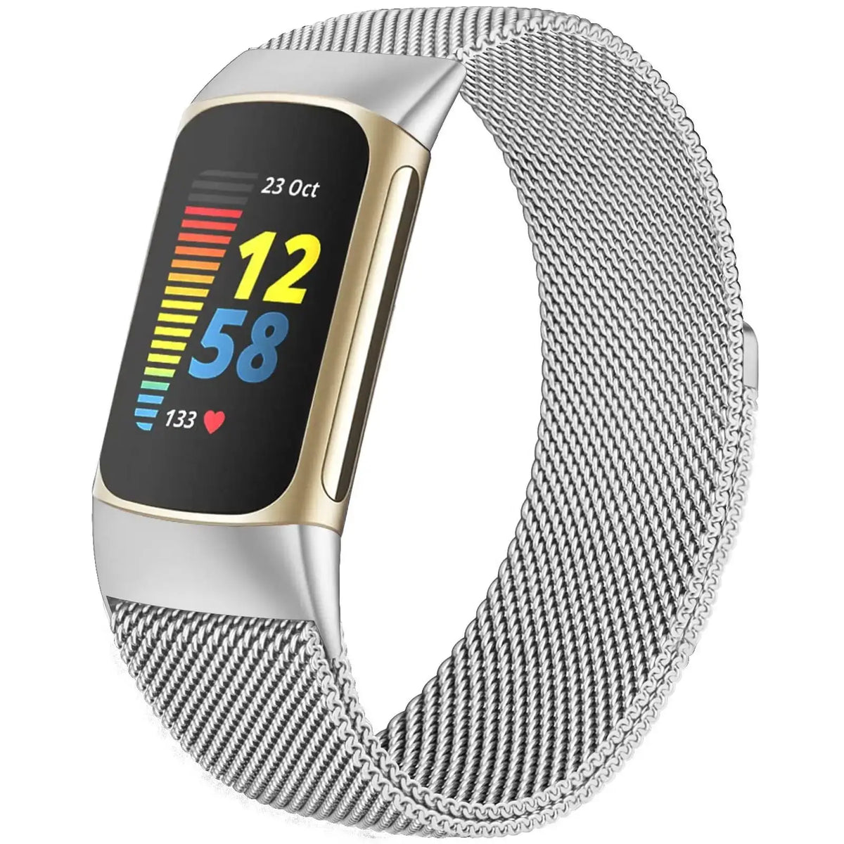Fitbit Charge 5 & 6 Magnetic Milanese Mesh Band silver mesh band shown on a tracker