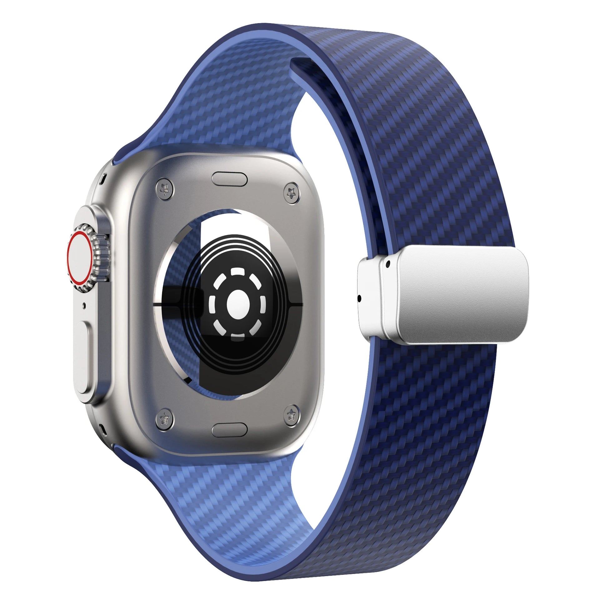 Apple Watch with a blue silicone strap featuring a magnetic buckle for secure closure and stylish design.