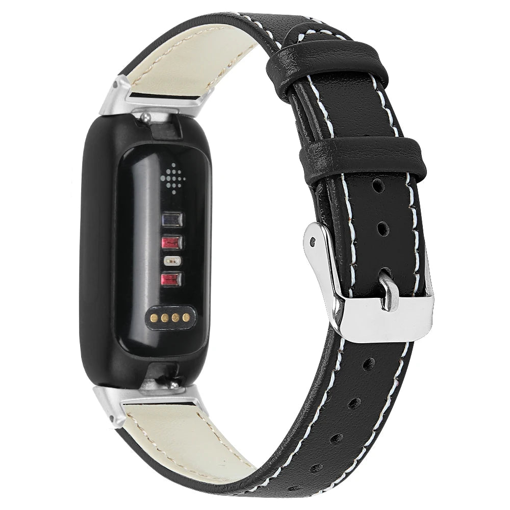 Fitbit Inspire 3 leather band with classic clasp, stylish and breathable smartwatch strap for everyday wear.