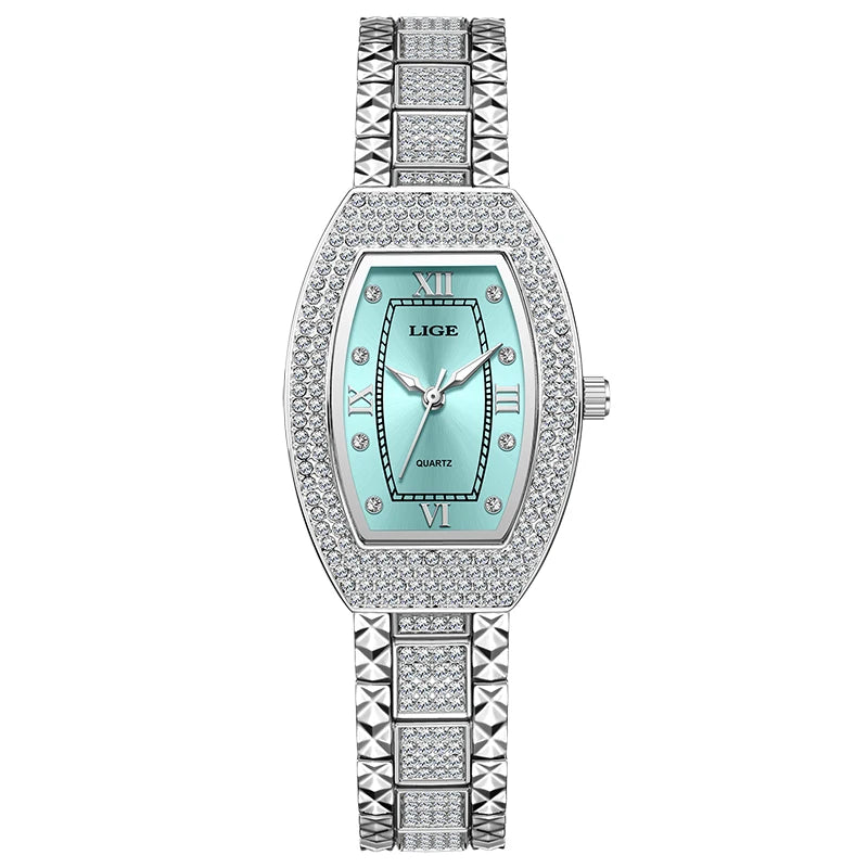 Women's Crystal Tonneau Quartz Bracelet Watch — Silver Tone / Aqua Dial