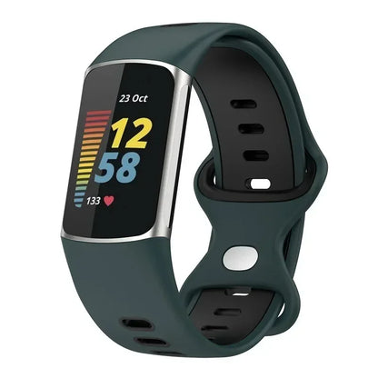 Fitbit Charge 5 with soft silicone strap in dark green, ideal for fitness tracking and smartwatch functionality.