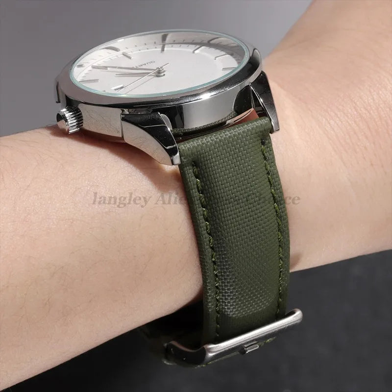 Motorola Moto Stitched Sailcloth Nylon Watch Band — Olive green strap worn on wrist