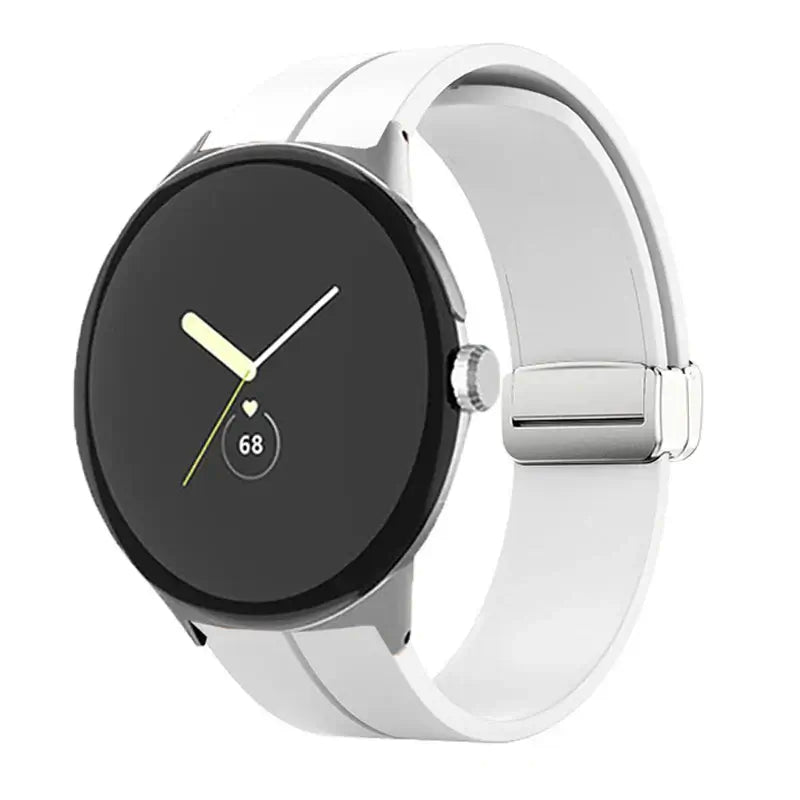 Magnetic Folding Clasp Silicone Google Pixel Watch Band in White / Silver