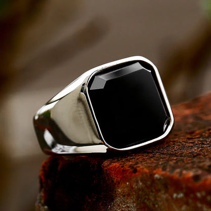 Black Agate Inlay Ring, Stainless Steel - view 3