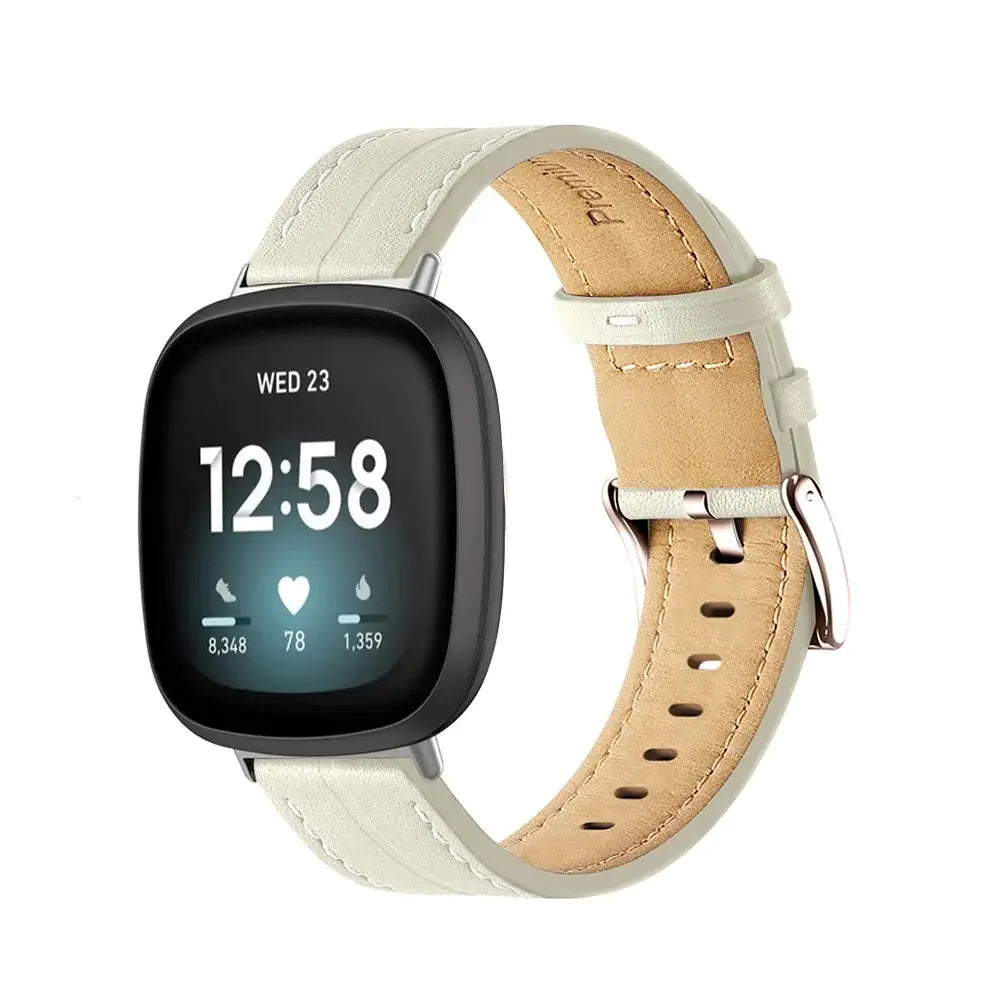 Fitbit Versa & Sense Contrast-Stitched Leather Band - Cream