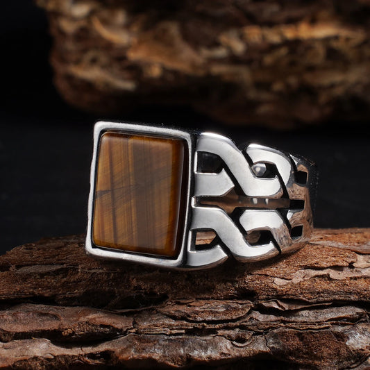 Square tiger's eye ring with braided 316L stainless steel band