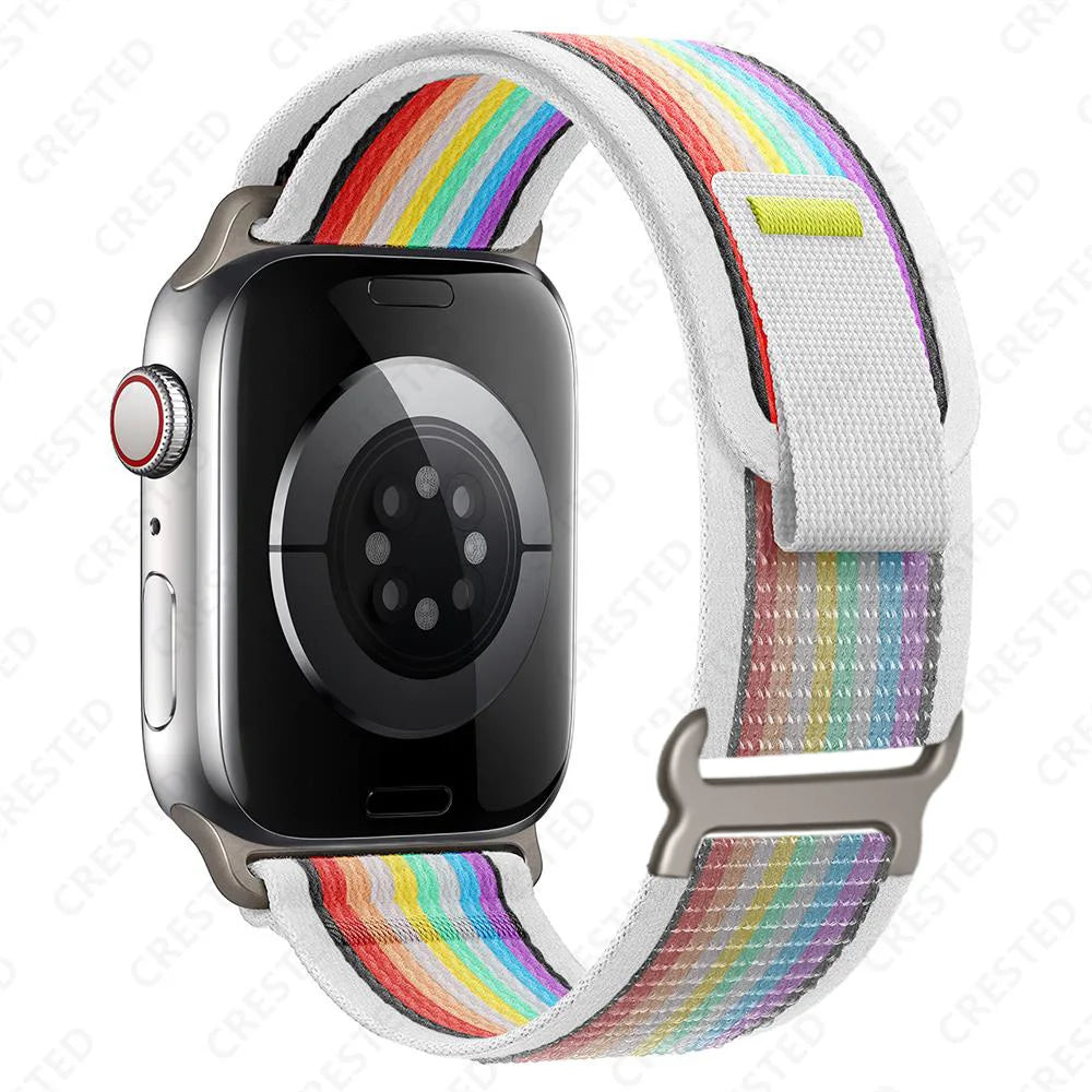 Apple Watch Trail Loop Nylon Strap with colorful rainbow design, durable and comfortable for everyday use and outdoor activities.