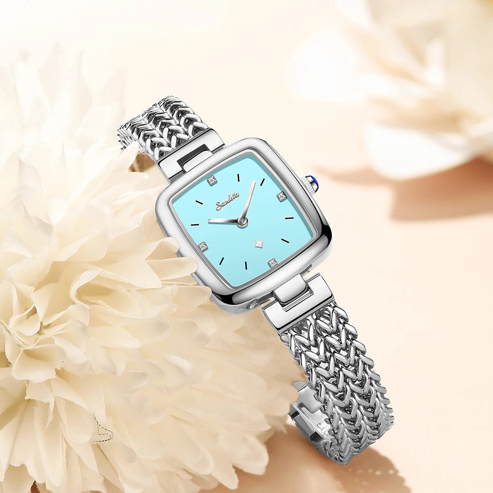 Women's Square Quartz Watch with Braided-Link Bracelet — Square case and bracelet close-up