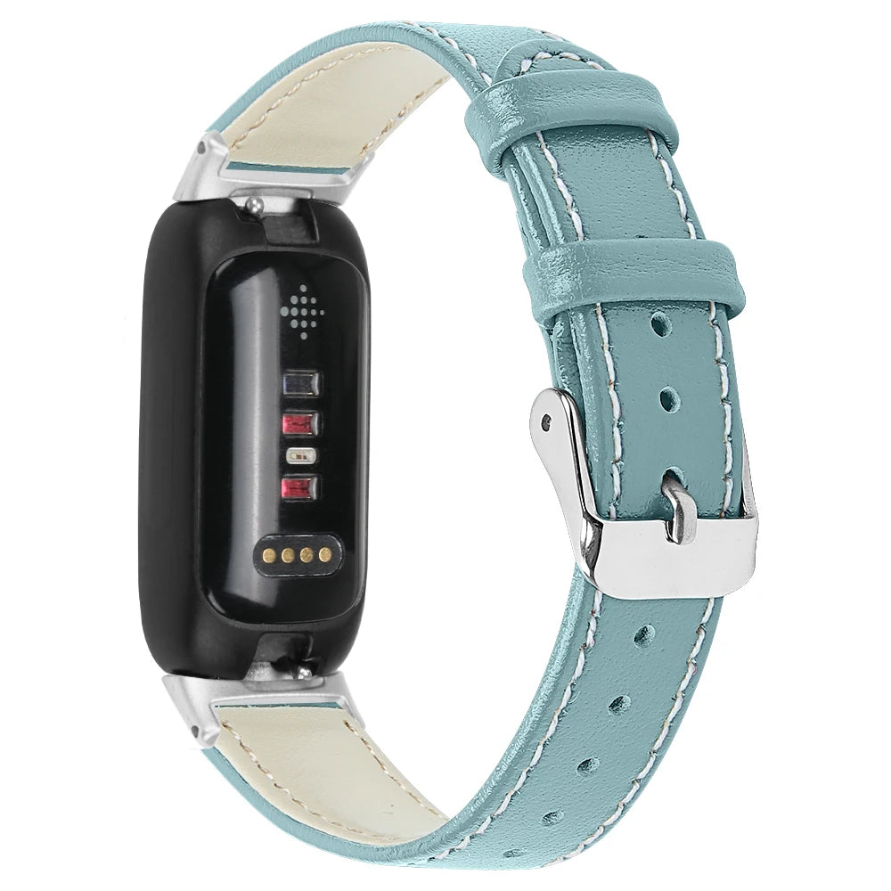 Fitbit Inspire 3 leather strap showing stylish design and secure metal clasp, ideal for smartwatch users.