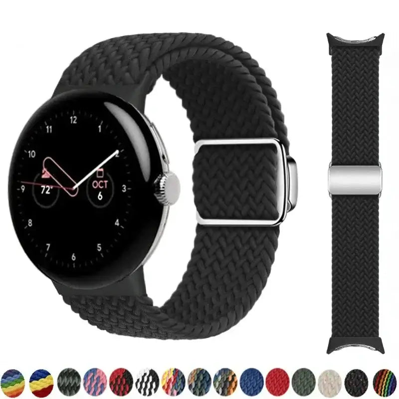 Black braided Pixel Watch loop with pattern and color swatches