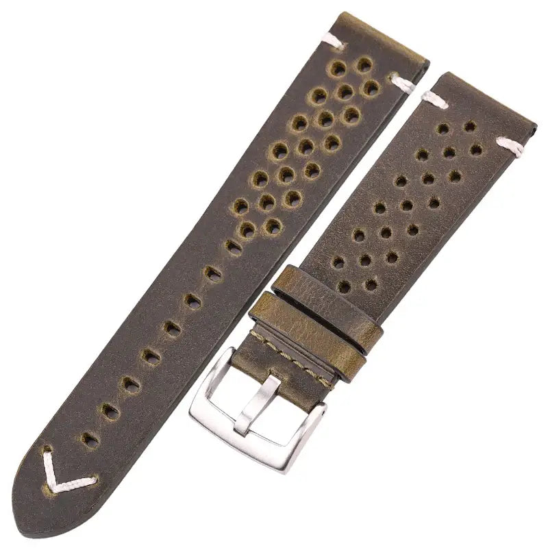 Suunto Perforated Leather Band with V Stitch - Olive Green / Silver Buckle
