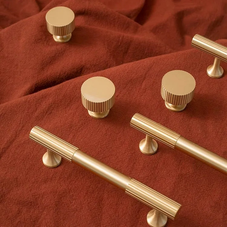 Fluted solid brass T-bar cabinet knob in brushed brass