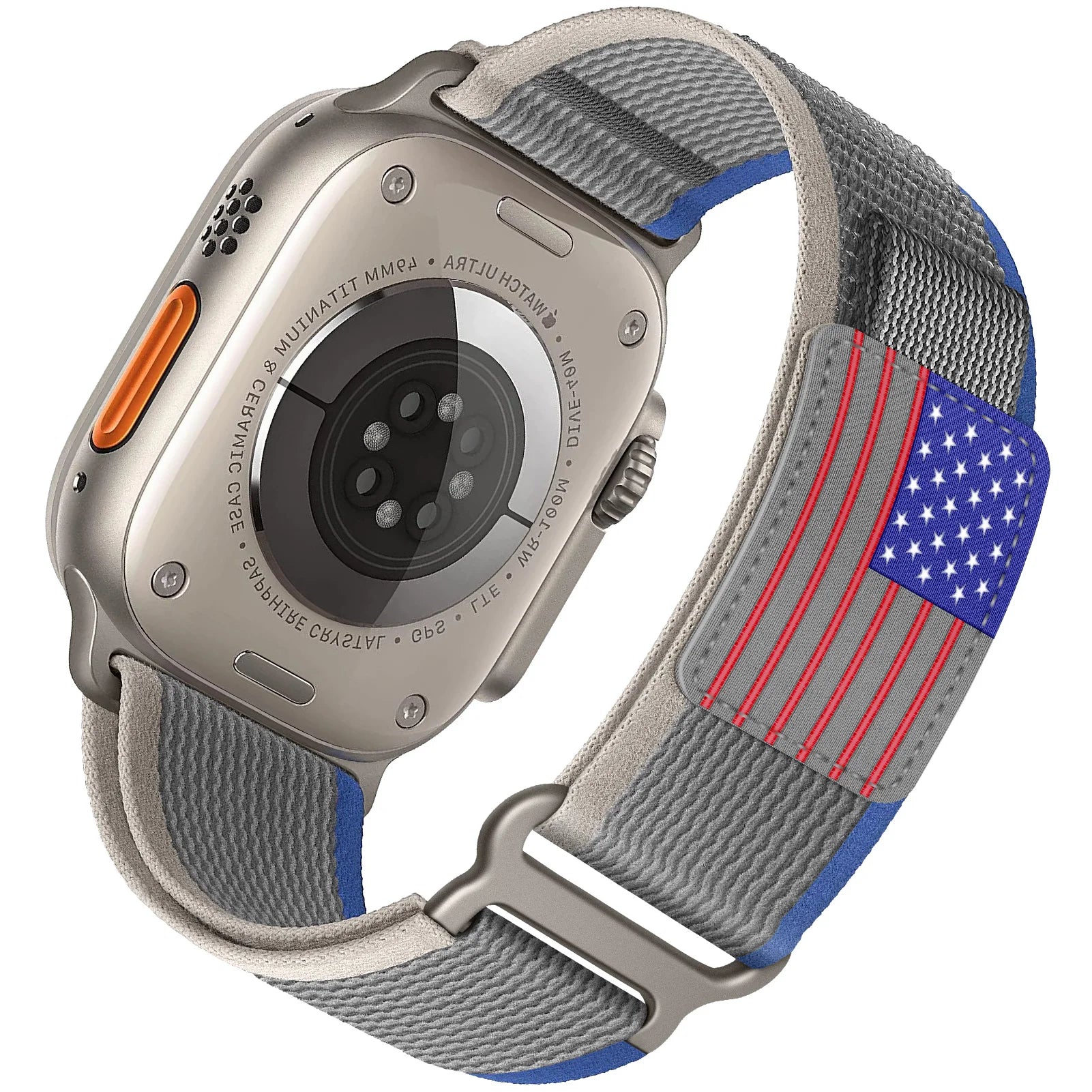Apple Watch with rugged nylon band featuring American flag design, perfect for outdoor activities and adventure.