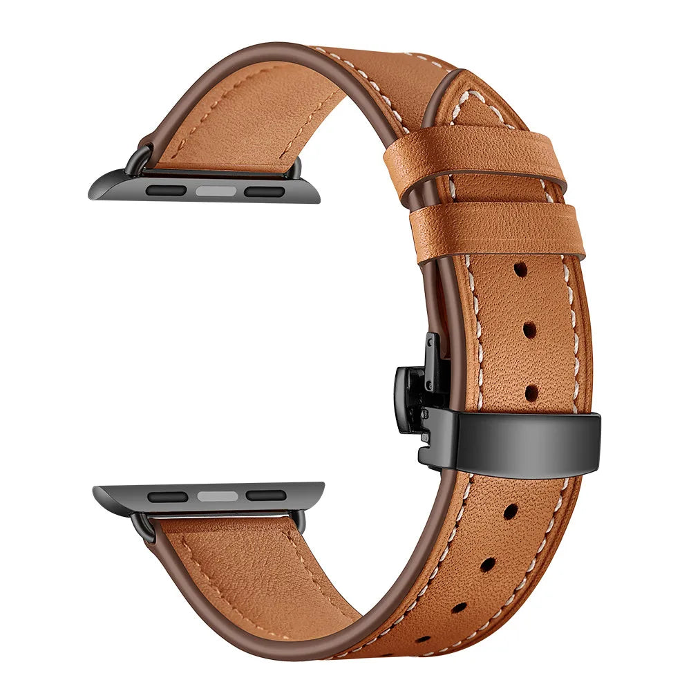 Contrast-Stitched Leather Apple Watch Band with Folding Clasp in Black / Tan