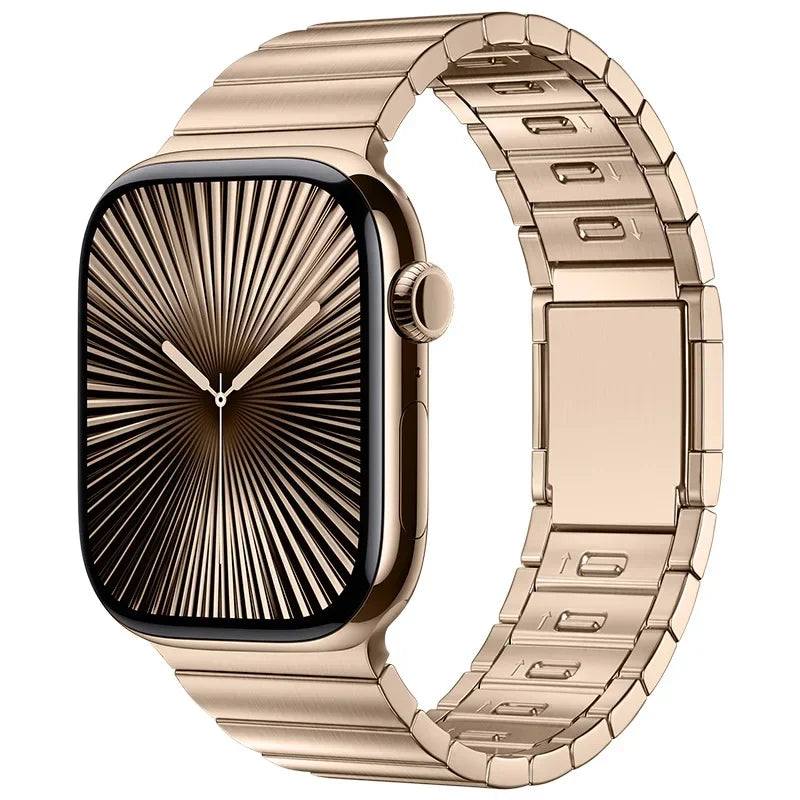 Elegant Apple Watch with a stainless steel band featuring a magnetic buckle strap, perfect for style and durability.