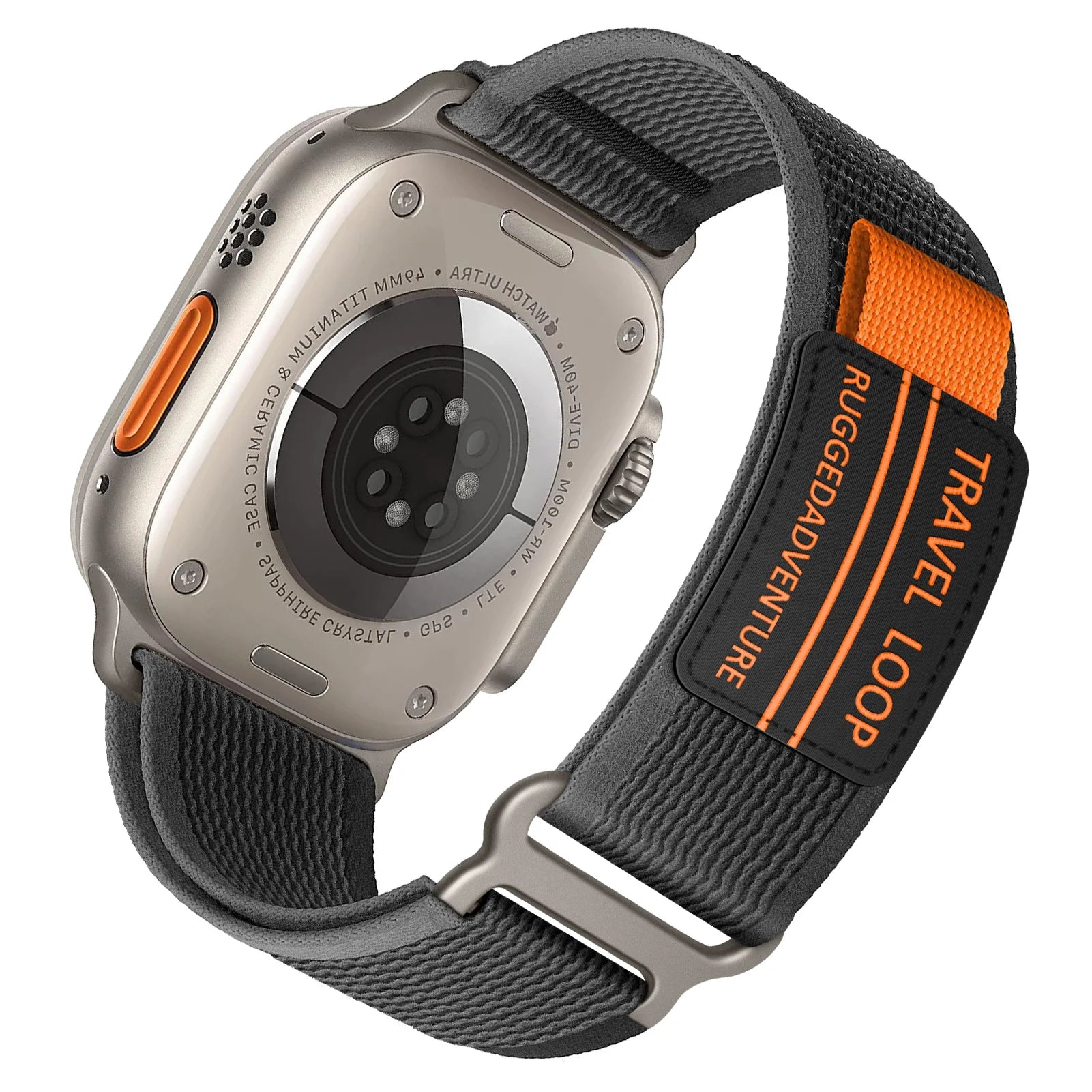 Apple Watch rugged nylon band with travel loop for outdoor adventures, showcasing durability and comfort.