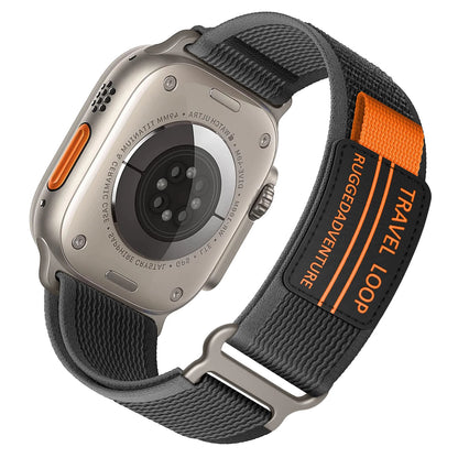 Apple Watch rugged nylon band with travel loop for outdoor adventures, showcasing durability and comfort.