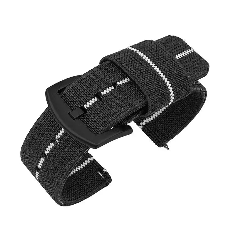 Woven Nylon Band with Fabric Keepers in Black / White Stripe / Black Buckle for compatible Huawei watches