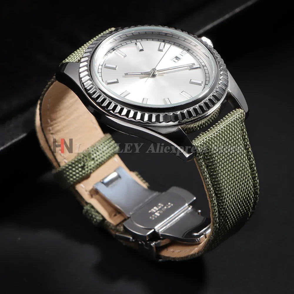 Motorola Moto Sailcloth Nylon Watch Band with Butterfly Clasp — Olive green strap shown on watch