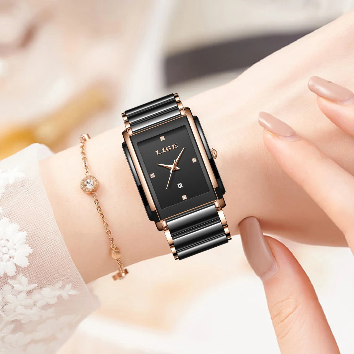 Women's Rectangular Ceramic Quartz Date Watch — Black ceramic watch worn on wrist