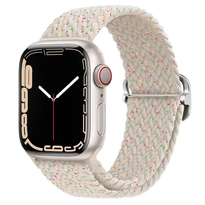Apple Watch with braided soft elastic nylon strap in light colors, showcasing comfort and style for daily wear.