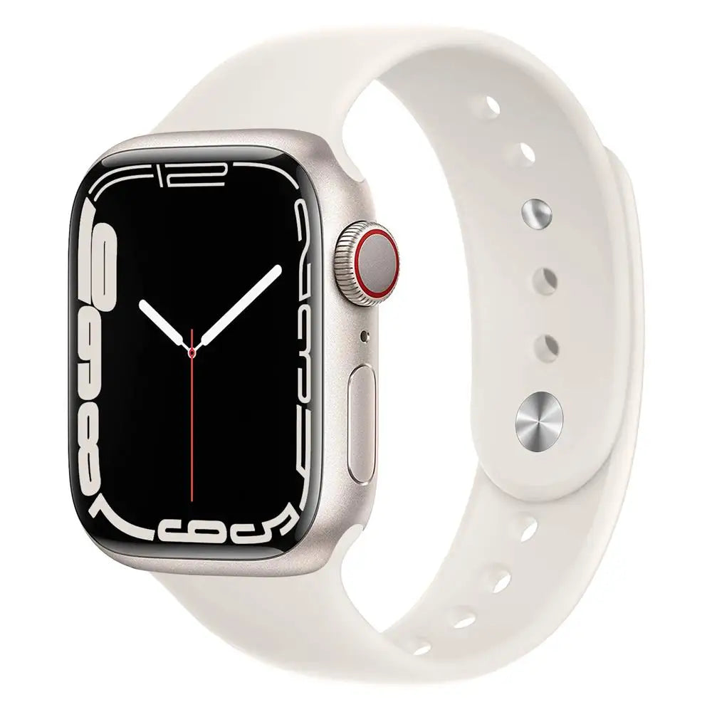 Apple Watch with white silicone strap showcasing waterproof and comfortable design for everyday wear.