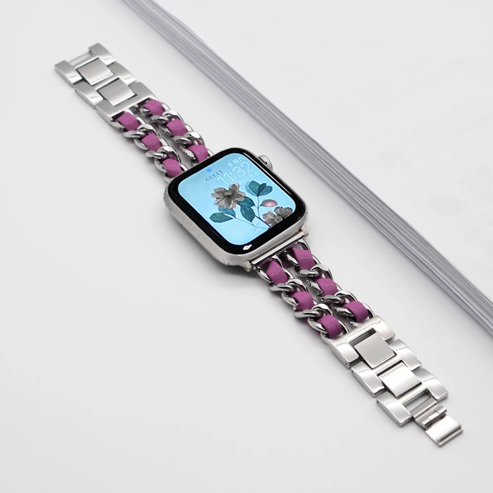 Woven-Accent Chain Apple Watch Bracelet Band in Silver / Hot Pink