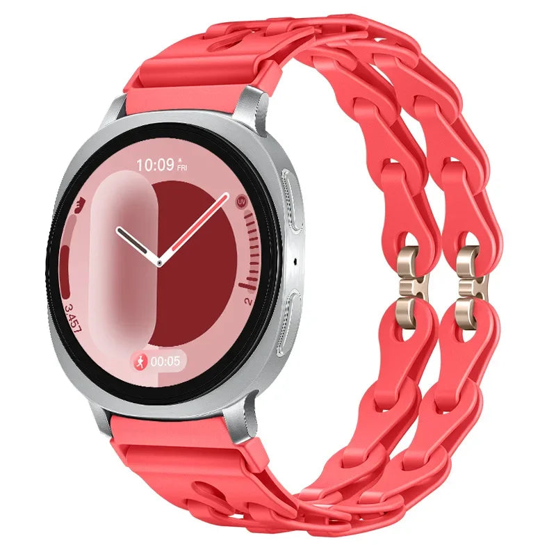 Samsung Galaxy Silicone Chain Watch Band – Watch8/Watch8 Classic/Watch9/Ultra/Ultra2 Multi in Guava color on smartwatch.