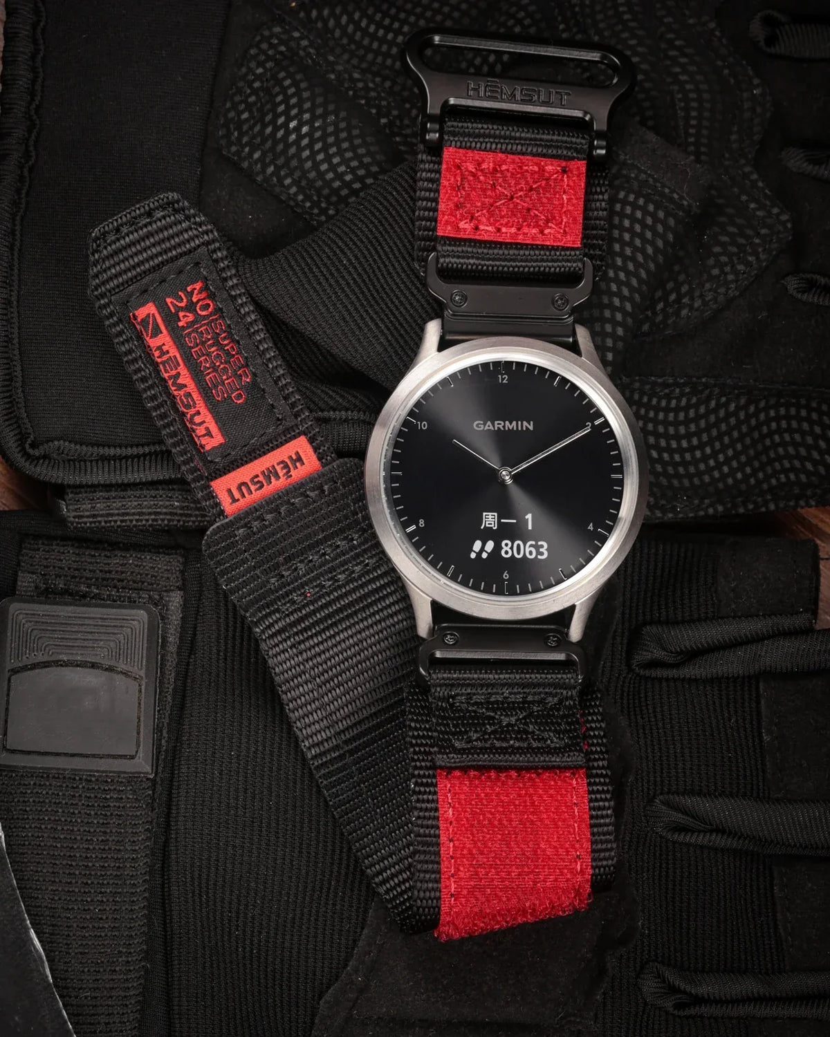 Garmin 26mm Nylon Band with Contrast Trim black and red band with matching text patch