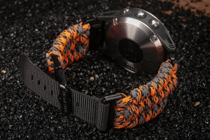 Garmin Paracord Watch Band Strap with durable orange and black design for active lifestyles, suitable as a smartwatch replacement.