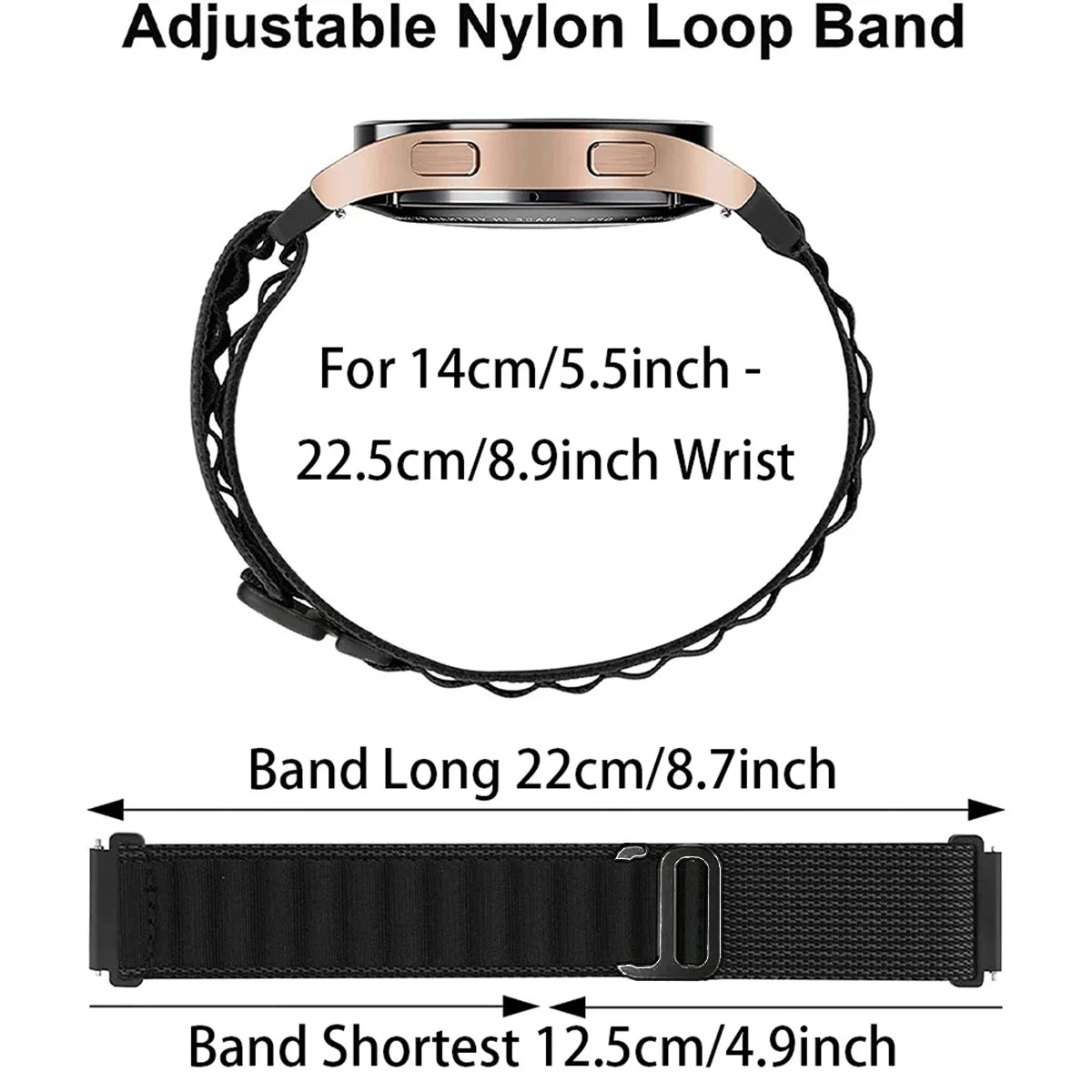 Motorola Moto Alpine-Style Nylon Band with Metal Hook – supplier length and wrist-size diagram