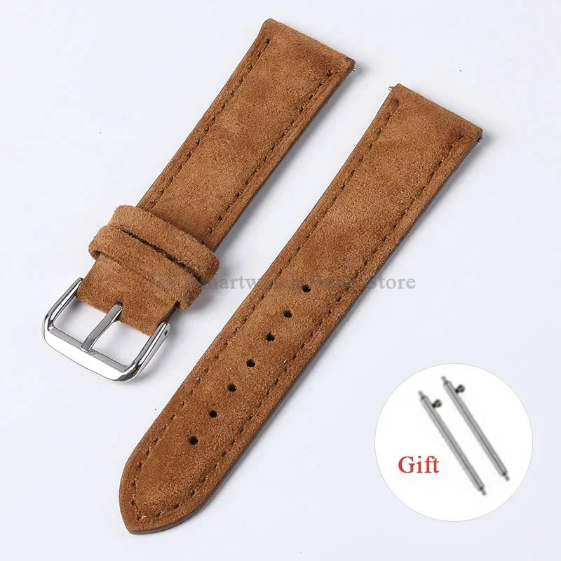 OnePlus Smartwatch Vintage Suede Leather Band Quick Release Strap in brown, featuring a silver buckle and gift tools.