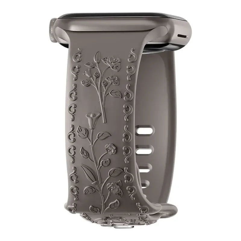 Taupe Gray botanical engraved silicone Apple Watch band