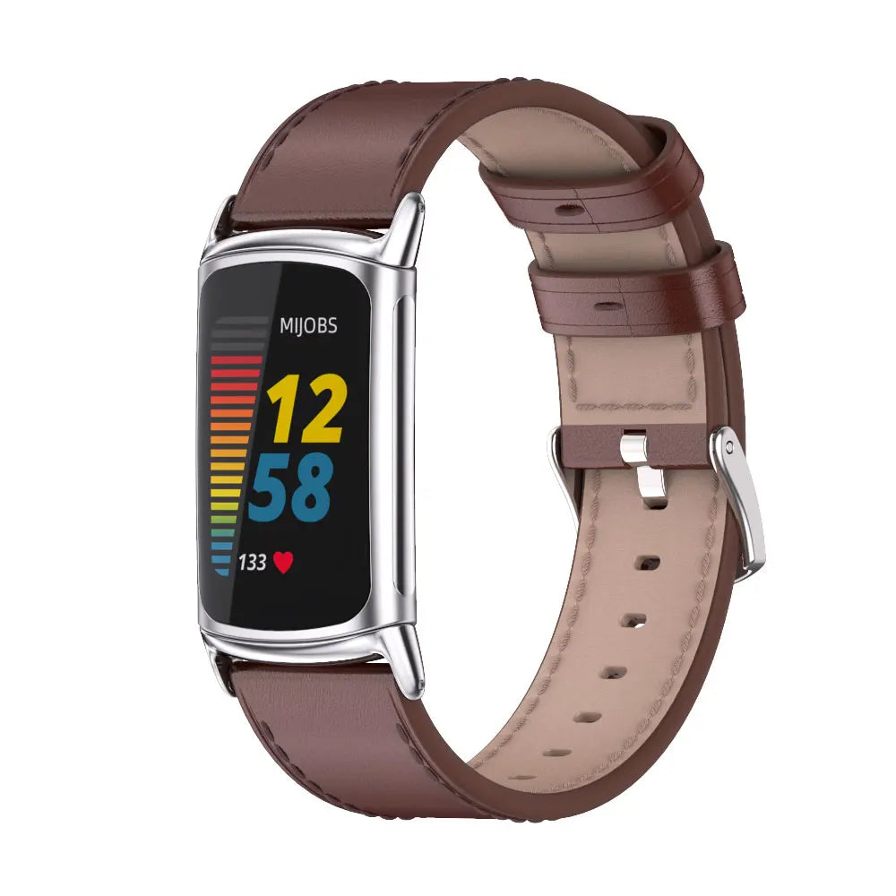 Fitbit Charge 6 with brown leather strap, showcasing stylish design and fitness tracking features for everyday wear.