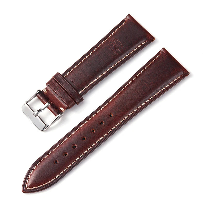 OnePlus Watch Bands, Oil Wax Leather Strap, Cowhide Replacement Band in brown leather with silver buckle.
