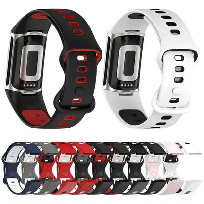 Colorful Fitbit Charge 5 silicone straps with black, red, white, and gray options, perfect for comfort and style.